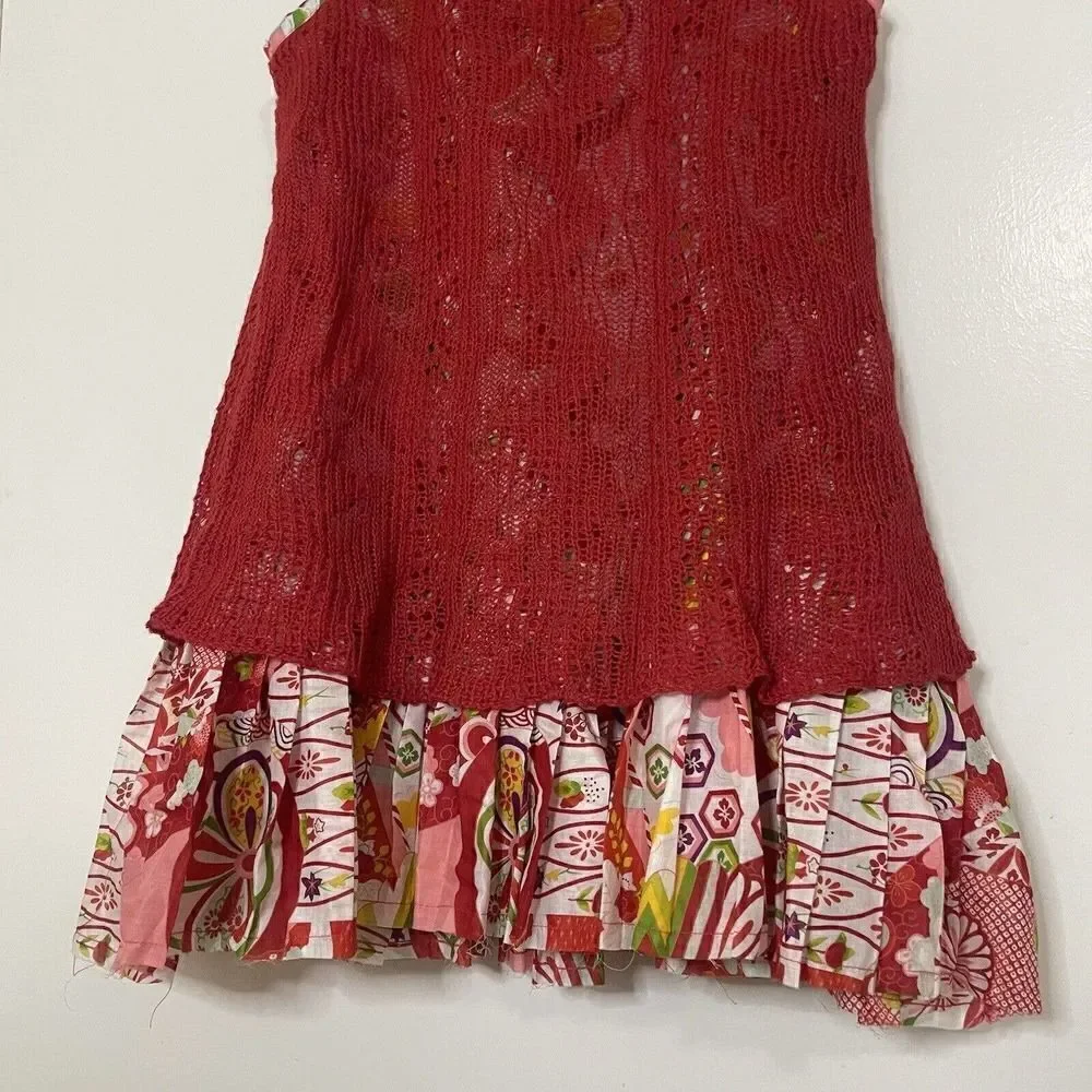 FREE PEOPLE red knit floral pleated tunic short dress size Small